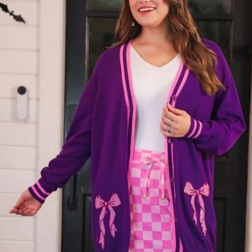 Purple Cardigan with Pink Bow Trim — Women’s Knit Button-Up